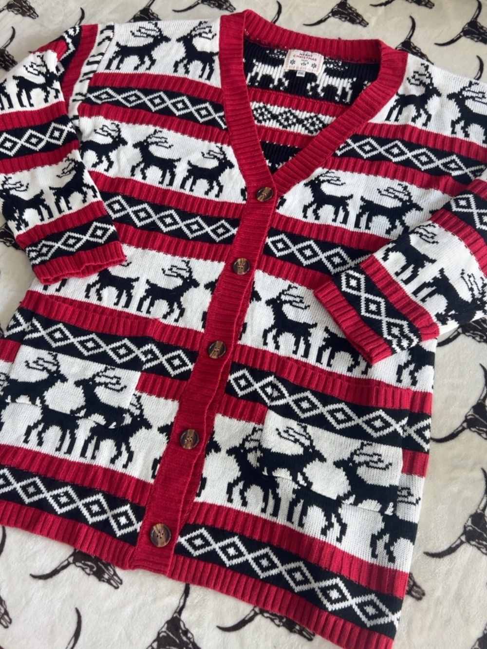 V28 Christmas Reindeer Cardigan Sweater Red Black White XXL